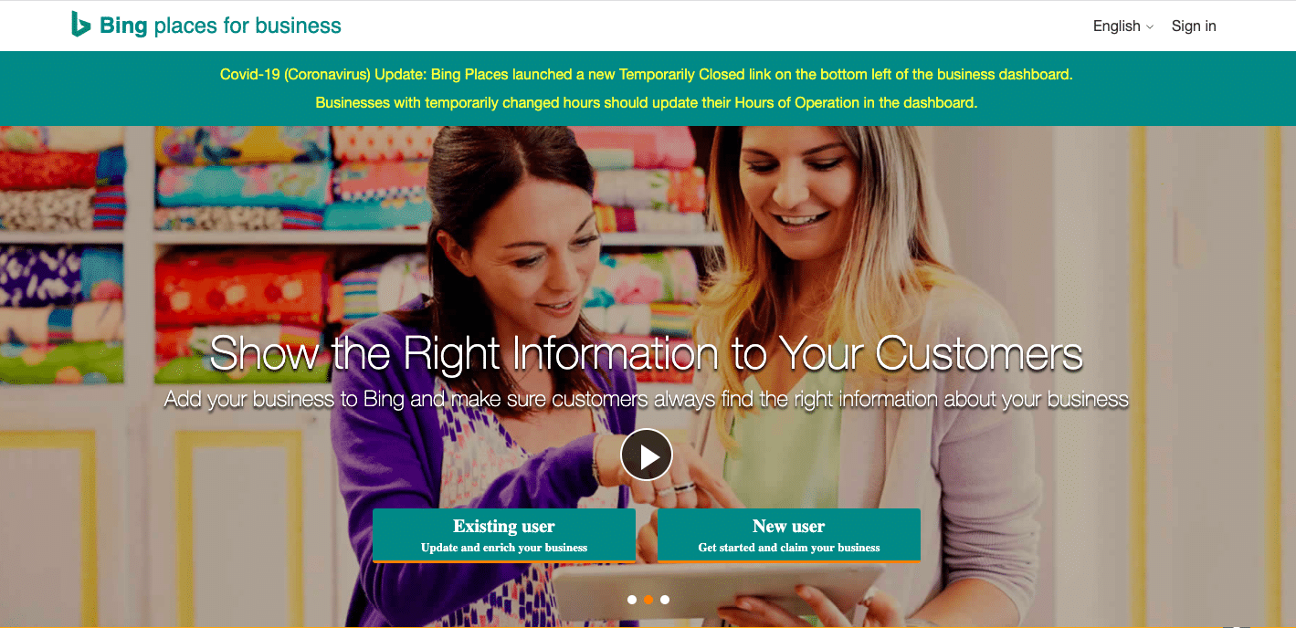 Bing places for business home screen