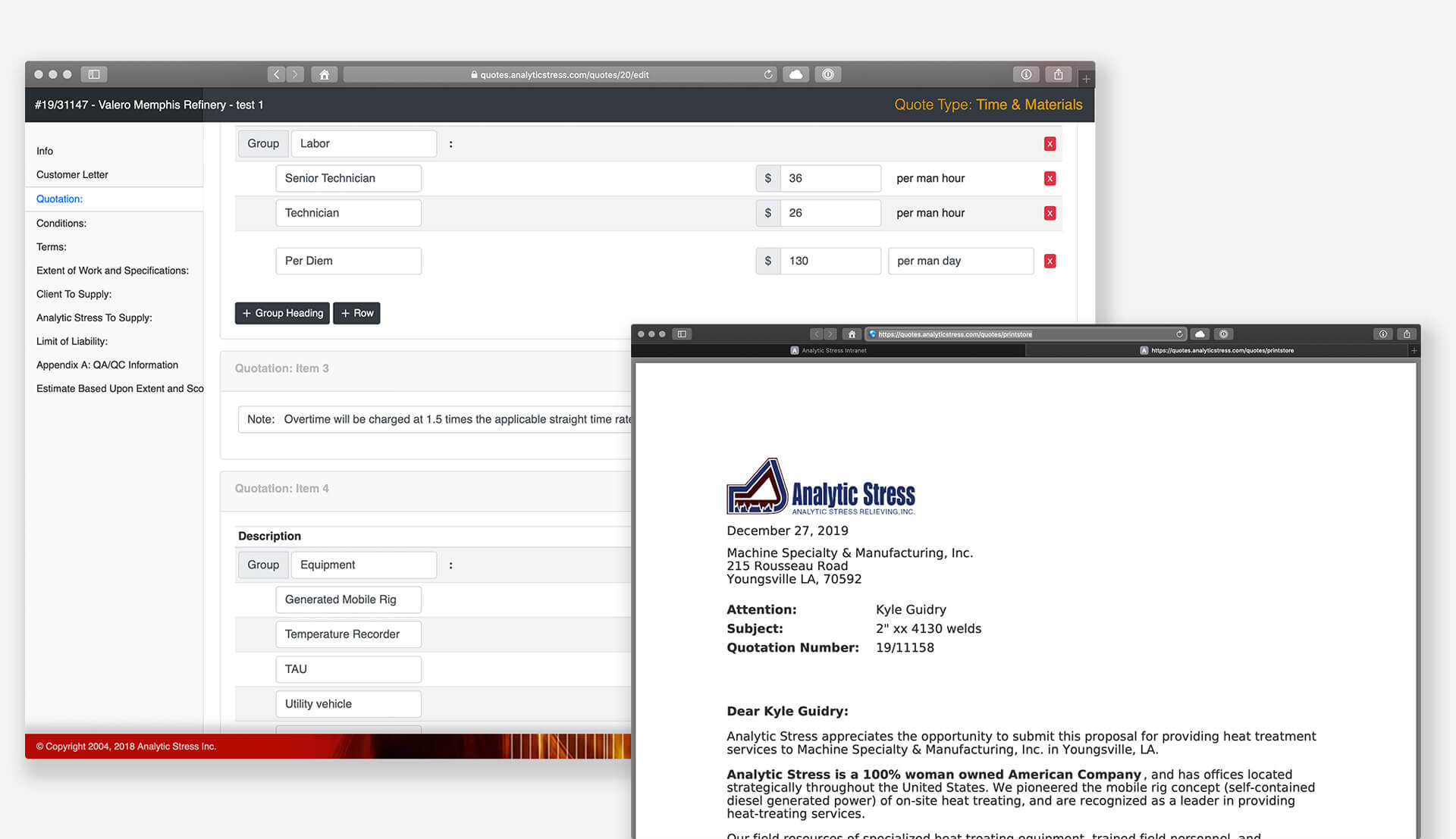 Quote Generator Application Developed for Analytic Stress Showing Variable Input Screen and Output PDF