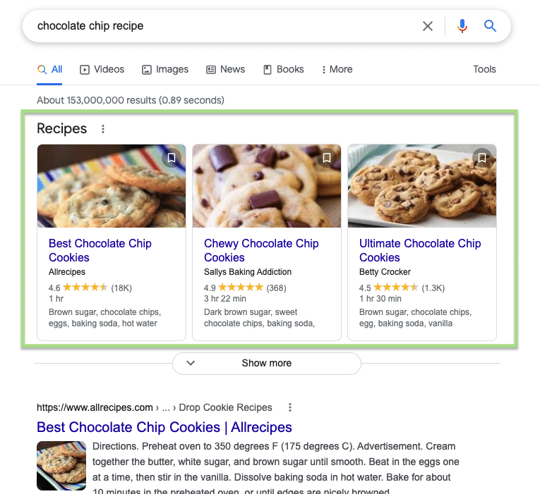 recipe structured data screenshot